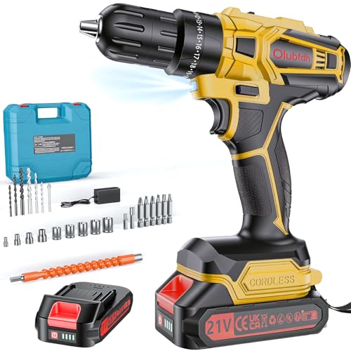 Olubfdh Taladro Percutor a Bateria 21V, Taladro Atornillador Bateria con 1×2000mAh Baterías, 45 Nm, 25+3 Ajuste Par (2 Velocidad y LED) Drill Adecuado para bricolaje en casa y jardín (Amarillo)