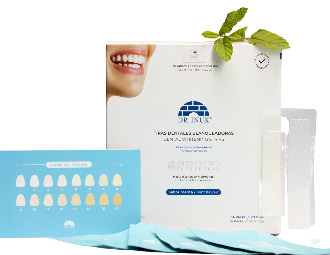 Tiras blanqueadoras de dientes DR INUK ®- 28 tiras sin peróxido ni ácidos para 14 sesiones de blanqueamiento – Fabricado en España - 6 tonos en 4 semanas - Fórmula no sensible