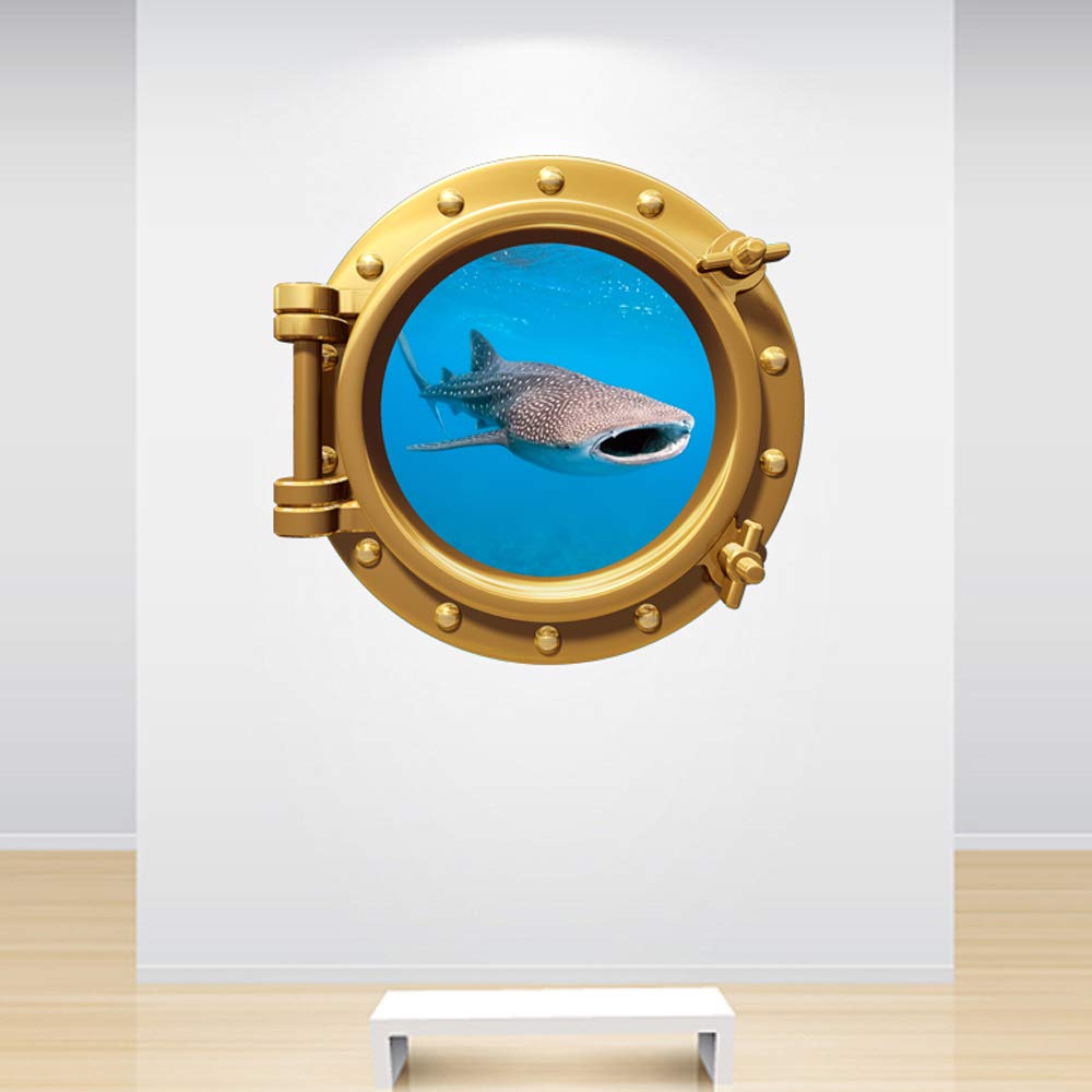 60 Second Makeover Limited Full Colour Whale Shark Brass Gold Porthole Decal Under the Sea Ocean Marine Wall Sticker Kids Bedroom Decoration