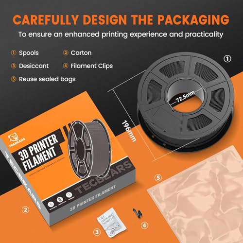 Image of TECBEARS PETG Filament 1.75mm, 3D Printer Filament PETG Filament Bundle 4-Color, Strong Toughness, 4 * 1KG(1320M) Filament High Precision, Dimensional Accuracy ±0.02mm, Blue+Red+Orange+Grey