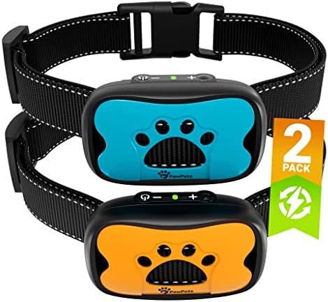 PawPets Rechargeable Anti Bark Collar - No Shock Training Dog Collar - Humane with Vibration and Sound Barking Collar for Small Medium Large Dogs - 2 Pack Blue Orange (Rechargeable)