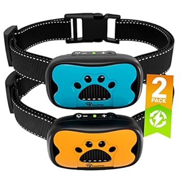 PawPets Coleira anti-latido recarregável – Coleira para cães de treinamento sem choque – Humana com vibração e som para cães pequenos, médios e grandes – Pacote com 2 azul laranja (recarregável)