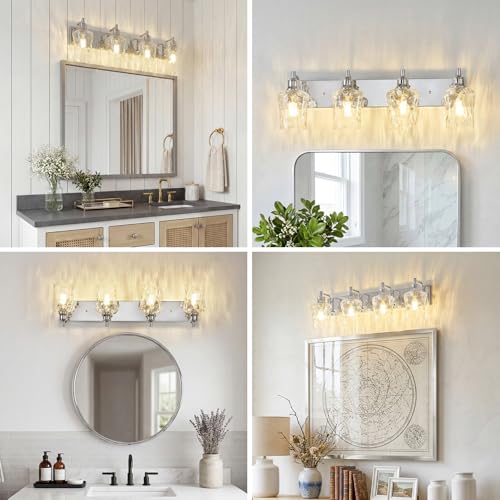 Image of Bathroom Light Fixtures Farmhouse Chrome Vanity Lights for Bathroom Lighting Fixtures Over Mirror with Hammered Glass Lampshade for Cabinet Mirror Bedroom Hallway 4 Light