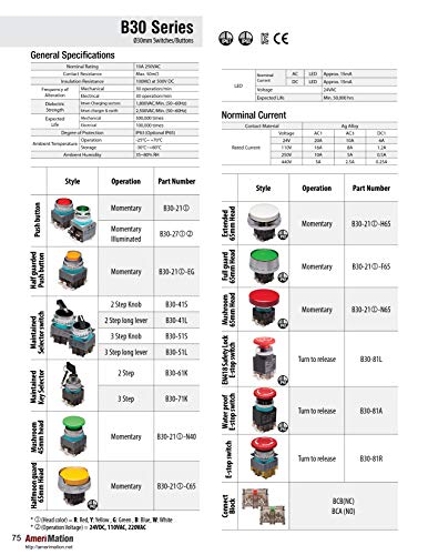 B30-41L, 30mm 2 Step Selector Switch, Long Lever, IP63, 110V 16A, 1NO 1NC