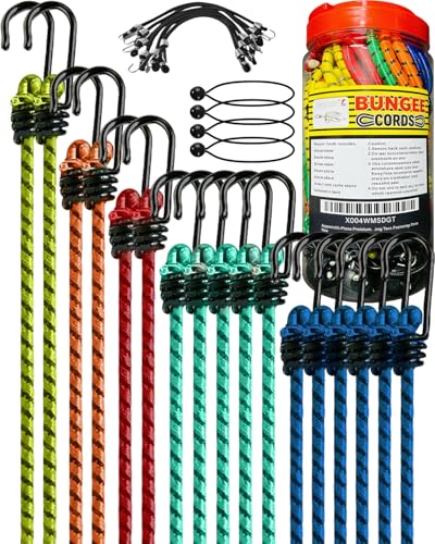 AsgenoX 26-Piece Heavy Duty Bungee Cords Assortment Jar, Includes 10”,18”,24”,32”, 36', 48” Bungie Cords, 8”Canopy/Tarp Ball Ties Rubber Bungee Cord for Camping, Tent, Fastening Items