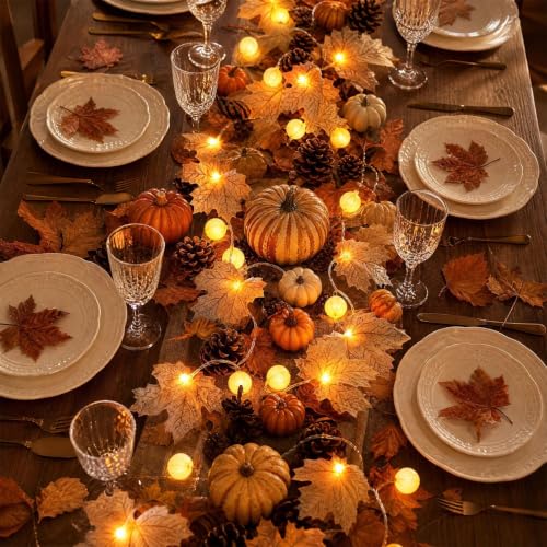 3PCS 5FT Thanksgiving Maple Fall Leaves Garland with Lights Pumpkin Decor - image 1