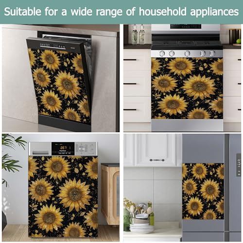 Image of Dishwasher Magnets Decorative Cover,Gold Sunflower Refrigerator Magnet Cover,Washable Modern Floral Dishwasher Front Panel Cover Home Kitchen Decoration 23x26 Inch