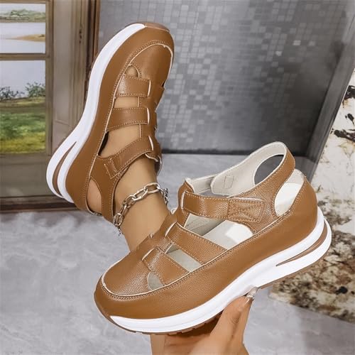 2025 New Women's Hollow Out Breathable Platform Wedge Sandals, Casual Stylish Roman Sandal, Stylish Leather Closed Toe Roman Shoes Adjustable Strap3