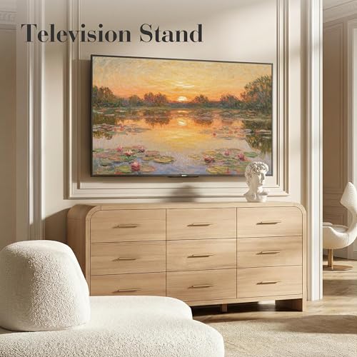 Image of Curved 9-Drawer Dresser for Bedroom, 63 inch Wide Modern Chest of Drawers, Vanity Desk TV Stand for Living Room, Closet Storage Drawers Organizer Furniture, Nursery, Hallway, Gray Oak