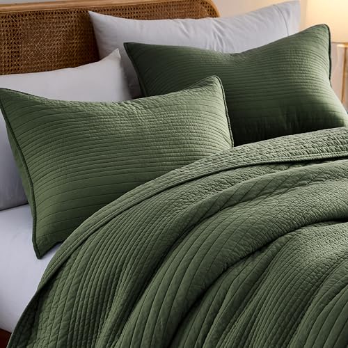 palassio Striped Olive Green 100% Cotton Quilt California Cal King Size Bedding Sets, Oversized Lightweight Channel Pick Stitch Textured Bedspread Soft Farmhouse Coverlet for All Season, 2 Shams - Image 4