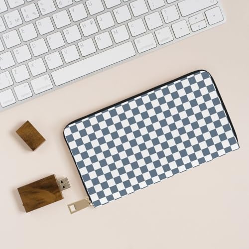 Leather Thin Slim Wallets for Women Men - Fashion Gray White Square Plaid Print Card Wallet Holder with Zipper 5