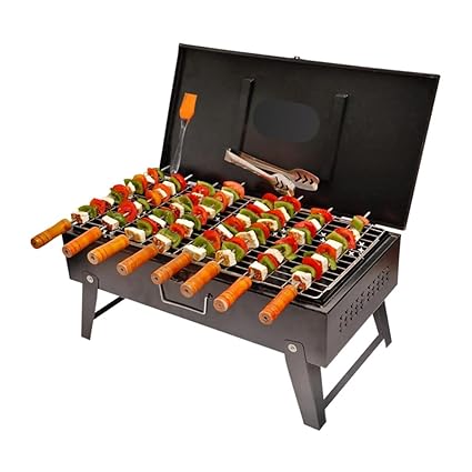 NAYRA Portable Barbeque Grill Set - Large Charcoal Griller for Home, Outdoor, Camping | 8 Skewers, 1 Grill, 1 Tong, 1 Brush | Foldable & Free Standing Tandoor BBQ Briefcase