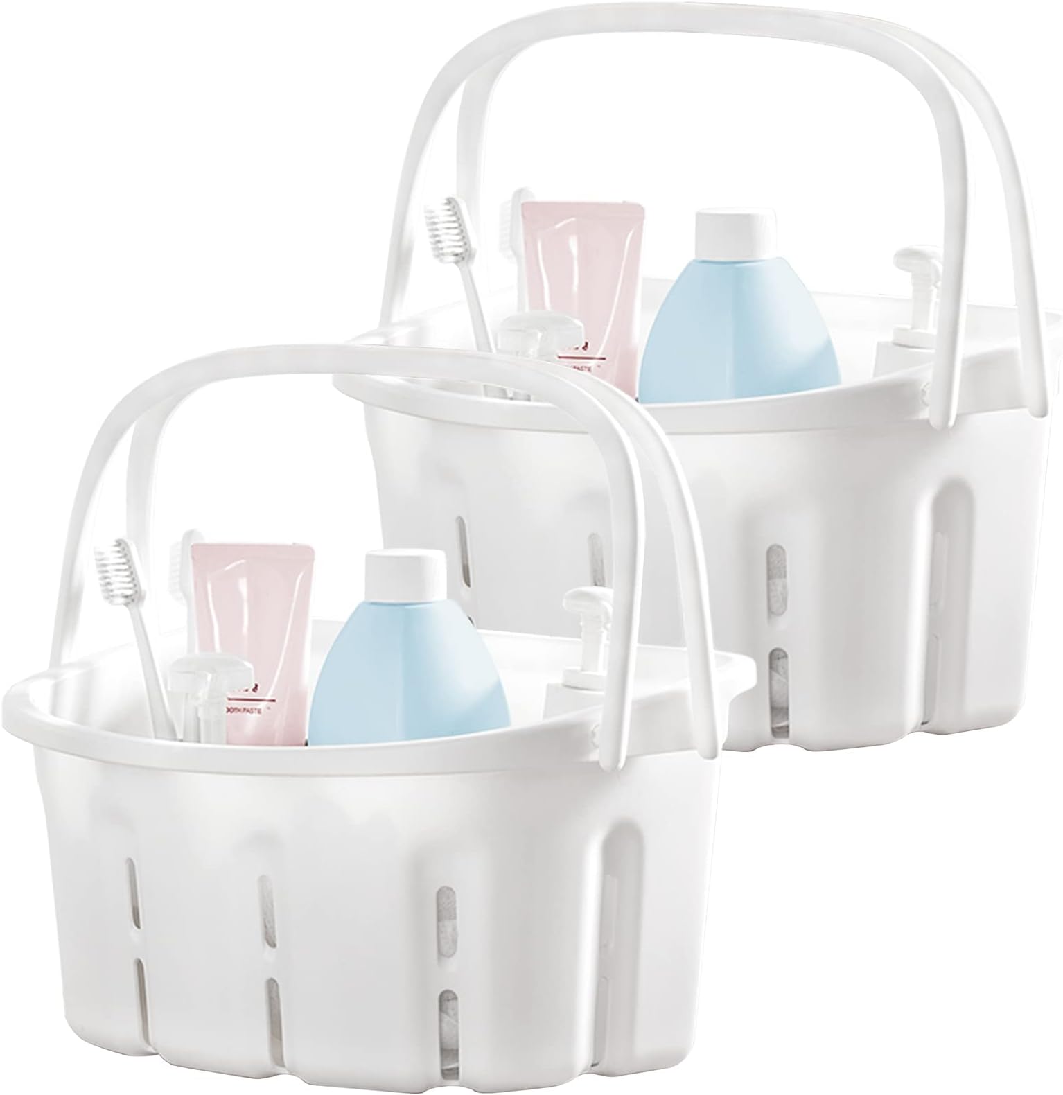 Peohud 2 Pack White Portable Shower Caddy, Plastic Tote Storage Basket with Handle Toiletry Organizer, Storage Organizer Basket for Spa, Bathroom,Cosmetics, Beauty Products and Hair Supplies
