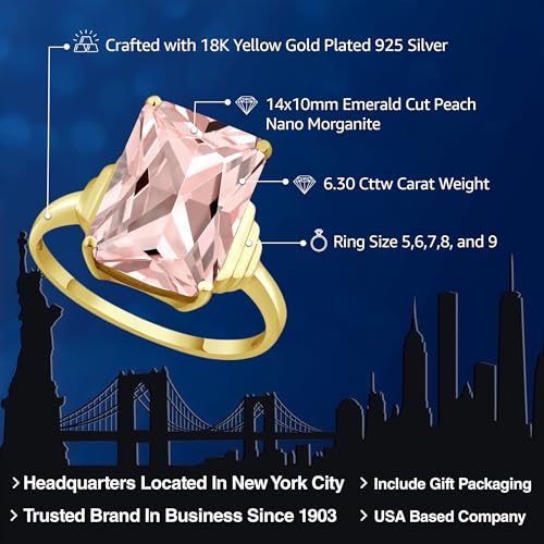 Gem Stone King 5-10 Cttw Gemstone Birthstone Solitaire Engagement Ring For Women | 18K Yellow Gold Plated Silver | Emerald Cut 14X10MM | Available In Size 5, 6, 7, 8, 92