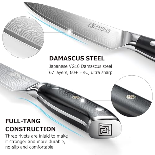 Image of PAUDIN Utility Knife, Damascus Kitchen Knives, 67-Layer Forged Blade, Ultra Sharp Petty Knife, Full Tang G10 Handle with Triple Rivets, 5'' Paring Knives for Cutting Fruit and Vegetables