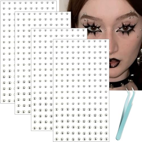 Face Gems Fake Piercings, Fake Lip Ring Fake Nose Ring Fake Eyebrow Piercing Fake Lip Piercing Self-Adhesive Face Sticker Fake Piercing Balls Silver Cool Punk Y2k Halloween Makeup For Women Men