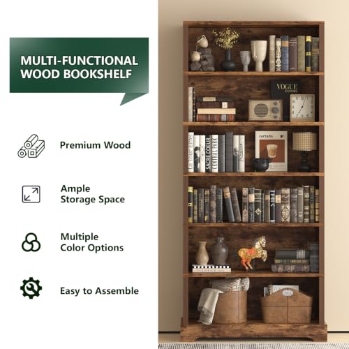 Image of TVU 6-Tier Wooden Bookshelf, 77.2 inch Tall Farmhouse Style Open Bookcase, 31.5 inch W Standing Book Shelf with Storage, Suitable for Study, Living Room, Office, Rustic Brown