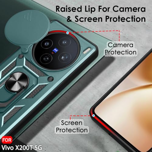 Image of TheGiftKart Tough Armor Bumper Back Cover Case for Vivo X200T 5G | Sliding Camera Cover, Kickstand & Ring Holder | 360 Degree Protection Back Cover Case for Vivo X200T 5G (PC & TPU, Green)