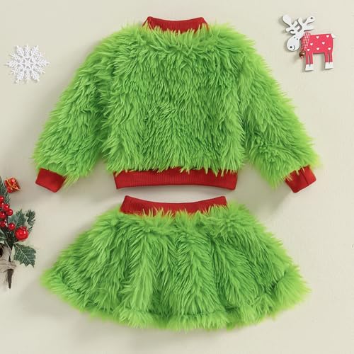 Toddler Baby Girl Christmas Outfit Green Furry Sweatshirt Tops Skirts Set Infant Fall Winter Christmas Clothes4