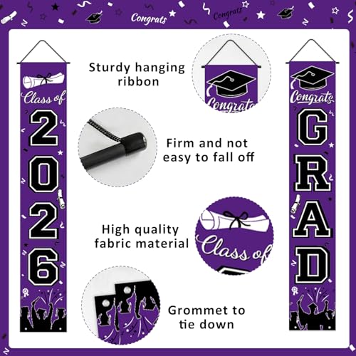 Image of Graduation Banner Class of 2026, Purple Graduation Decorations 2026 Porch Banner, Congrats Grad Decorations for Door and Porch Party Supplies