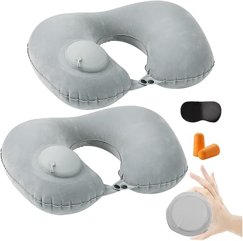 2 almohadas inflables de viaje, almohada inflable ajustable para el cuello, almohada inflable rápida portátil en forma de U con máscara de ojos,