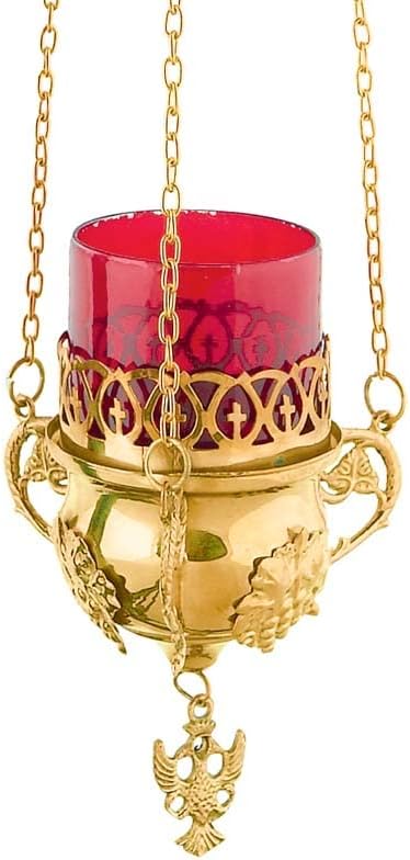 Iconsgr Lámpara de aceite de vigilia votiva colgante de bronce cristiano ortodoxo ortodoxo con cadena y cristal rojo - 344.56 oz