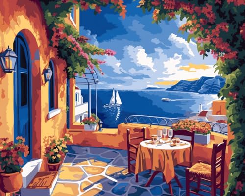 Image of Moohue Needlepoint Kits 14CT Counted Stamped Cross Stitch Kits for Adults Advanced Seaside Taverna Cross Stitch Patterns (Seaside Taverna)