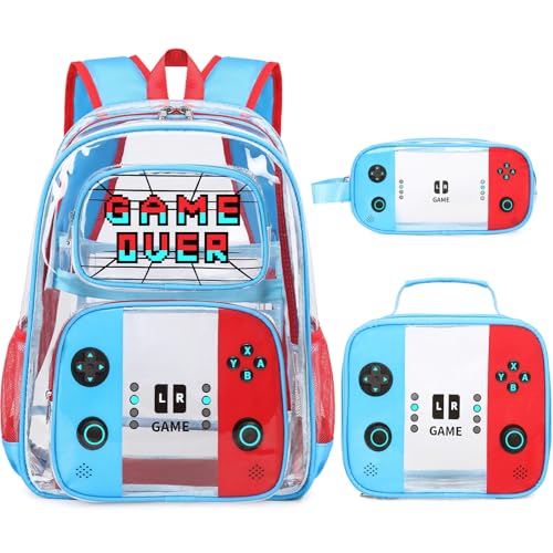 Clear Backpack for Boys, PVC Transparent Cool Luminous Gamer Backpack for Boys Girls Kids Children Teens Elementary Middle School, Clear Bookbag with Lunch Box & Pencil Case Set (Red Blue)