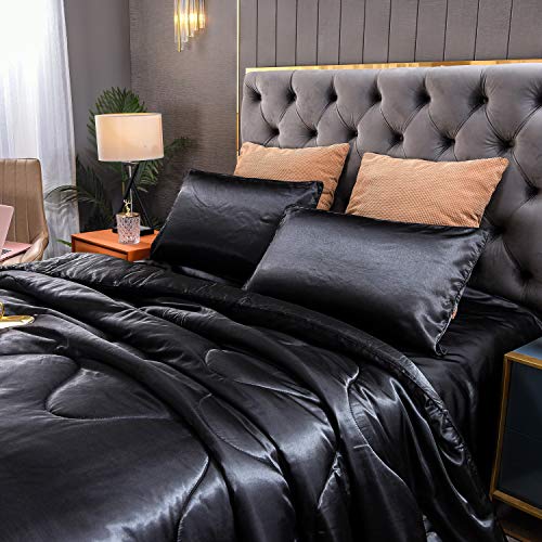 Yearning 3Pcs Satin Silky Bedding Comforter Set, Bed Sets Queen Black Soft Comforter Quilt Sexy Luxury 3 Piece Bedding Collection Sets #TOP2