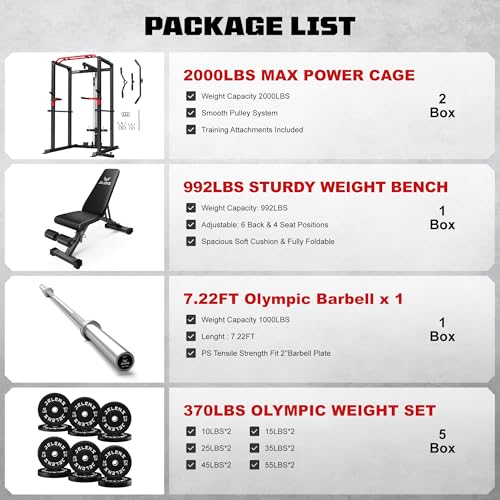 Image of JELENS S11 Power Cage, 2000LB Multi-Function Power Rack with LAT Pulldown, Squat Rack with Adjustable Pulley System and Training Attachments, Weight Rack for Home Gym
