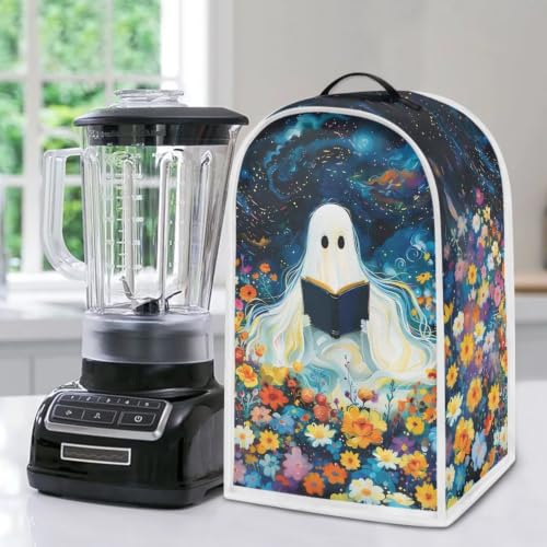 Image of Floral Ghost Book Blender Dust Cover, Anti Fingerprint Polyester Stand Mixer or Coffee Maker Appliance Protector, Machine Washable Halloween Blender Cover for Kitchen Appliance