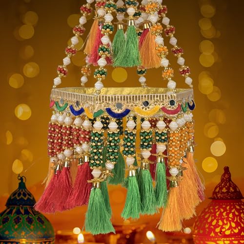 Image of Handcrafted Beads & Tassel Hanging Decoration | Traditional Rajasthani Style Decorative Hanging for Home Temple Door Wall | Festive Handmade, Door Toran, Decorative Toran