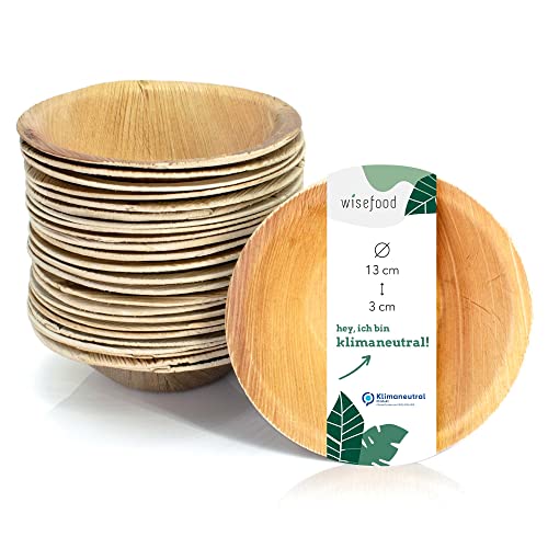 Wiseware - Lot de 25 bols jetables ronds en feuilles de palmier biodégradables - Diamètre 13 cm - Vaisselle de fête bio compostable