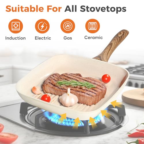 NEWBULIG 3-Piece Nonstick Grill Pan Set, Square Griddle Pans with Wooden Handle, Compatible with All Stovetops, Ideal for Steak, BBQ & Vegetables, (9.5", 10.2", 11") Cream White by NEWBULIG - Image 6
