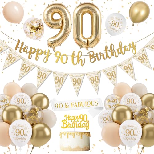 Decoration Anniversaire 90 Ans, Décoration 90 ans Anniversaire Femme Homme, Blanc Or Ballon 90 Ans Banderole Joyeux Confettis Latex Ballons