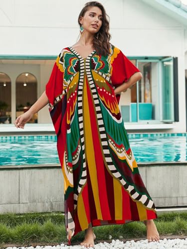 Image of IMAGEKOPE Women's Plus Size Loose Fit Moroccan Print V-Neck Batwing Kaftan Beach Dress Bathing Suit Cover Up