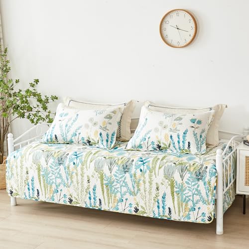 Image of Jarson 3 Pcs Floral Daybed Cover Set Twin Size Green White Flower Sofa Cover Bedding Sets Double Side Bed Set for All Season Botanical Pattern Daybed Quilt Set with Pillow Shams