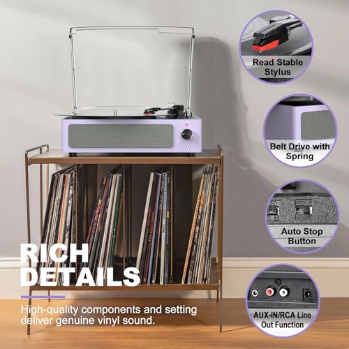 Image of Turntable Vinyl Record Players New Sleek Turn Tables with Speakers Belt-Driven All-in-one LP Phonograph 3-Speed Bluetooth Wireless Playback Headphone AUX RCA Auto Stop Pale Light Purple