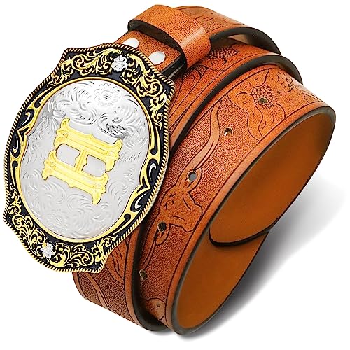RechicGu Western Belts for Men Women, Initial Letter Big Buckle with Brown Leather Longhorn Bull Engraved Cowboy Belt