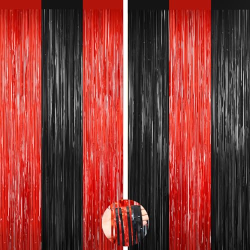 Image of 2Pack Black Red Backdrop Curtains Party Decor, Door Streamers Photo Booth Backdrop Metallic Party Streamer Tinsel Foil Fringe Curtains Backdrop Halloween Baby Shower Bachelorette Xmas Party Decors