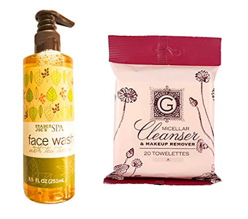 Trader Joe's SPA Face Wash with Tea Tree Oil 8.5 Oz + Trader Joe's Micellar Cleanser & Makeup Remover Two Pack Each with 20 Towelettes