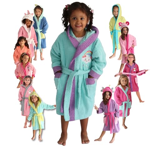 LEBENGOOD - Albornoz Niñas Algodón: Niña, 100% Algodón OEKO-TEX® - 2 Bolsillos, Cinturón, Capucha, Albornoces Felpa muy suave con bordados para niñas (2-4, Happy shower)