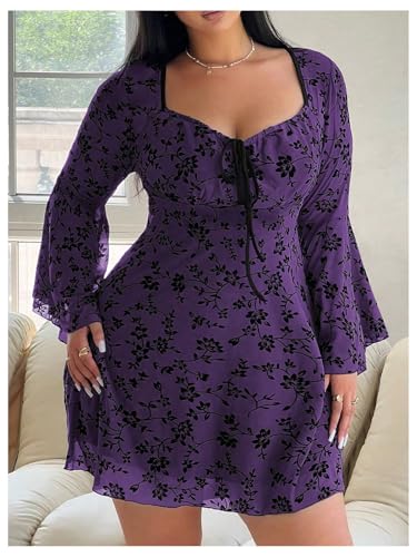 Image of Floerns Women's Plus Size Floral Gothic Dress Flare Long Sleeve Mesh Grunge A Line Dress