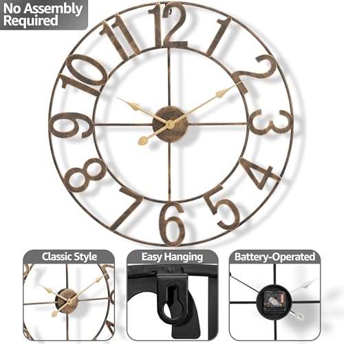 Sorbus Large Wall Clock, Metal Frame, Battery Powered (24 Inch, Bronze) - image 4