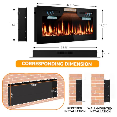 Image of Tehanld 42 inch Ultra-Thin Electric Fireplace Heater, Recessed Wall Mounted