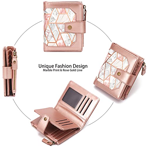 Image of Women's RFID Blocking Wallet Leather Small Compact Bi-fold Zipper Pocket Wallet Card Case Purse,Gold Pink Marble