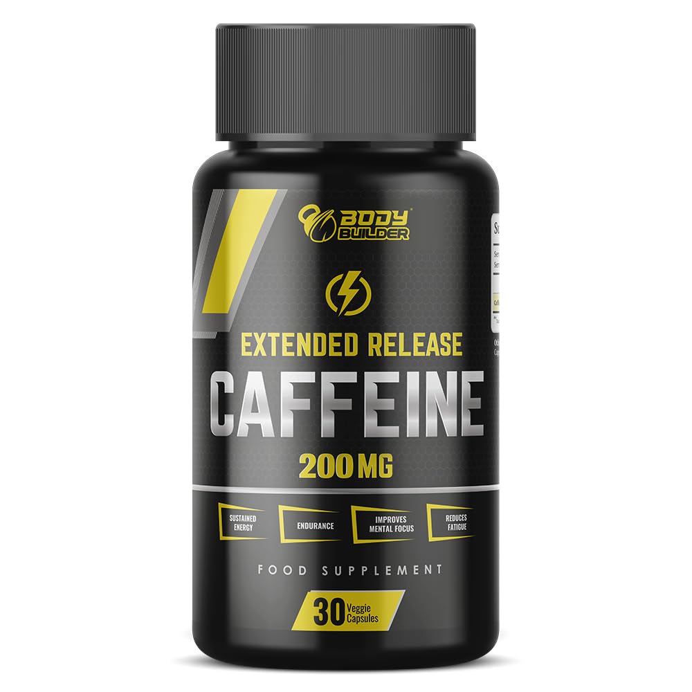 Body Builder Extended Release Caffeine, 30 Veggie Capsules, 200 mg - Ultimate Focus & Energy Boost - Sustained Energy, Mental Clarity, Endurance Support