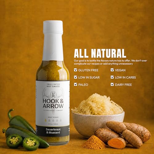 Image of Hook & Arrow Sauerkraut & Mustard Hot Sauce - Low Sugar Mild Spicy Sauce with Brown Mustard, Gluten-Free, Vegan, Paleo (5 fl oz, 30 Servings)