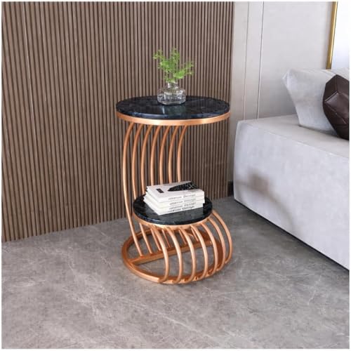 Image of Farmhouse Accent Coffee Table Simple Bedside Cabinet Small Round Table MDF Top Metal Table Living Room Sofa (Rosegold Black)