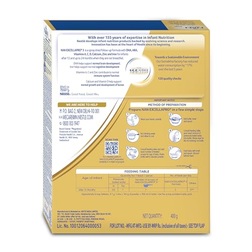 Image of Nestle NAN EXCELLAPRO Nan Stage 3 Follow-Up Formula Milk Powder For Babies, 12-24 months, With DHA, ARA, 400g Pouch in Box